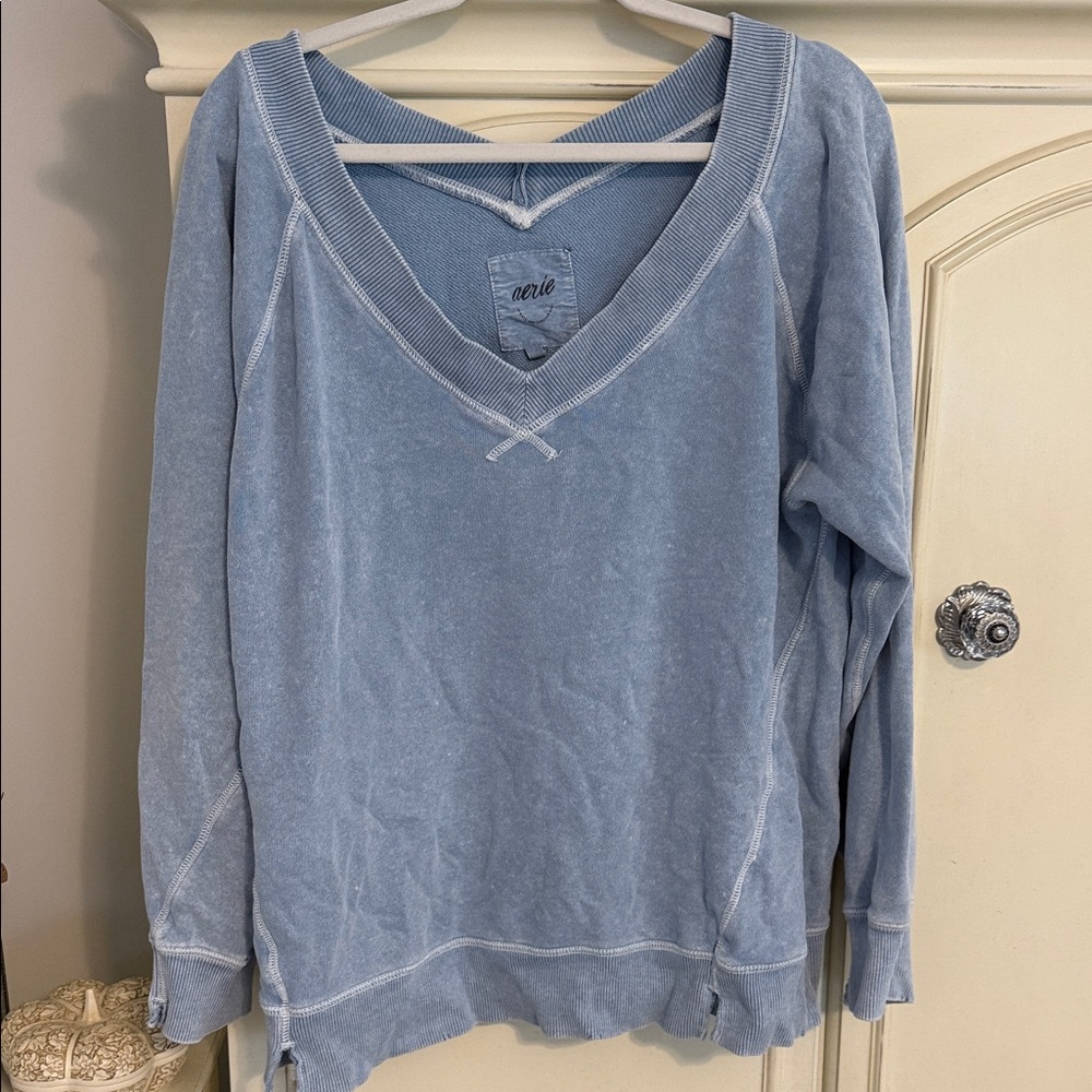 Aerie Women's Soft Blue distressed medium V-Neck Sweatshirt